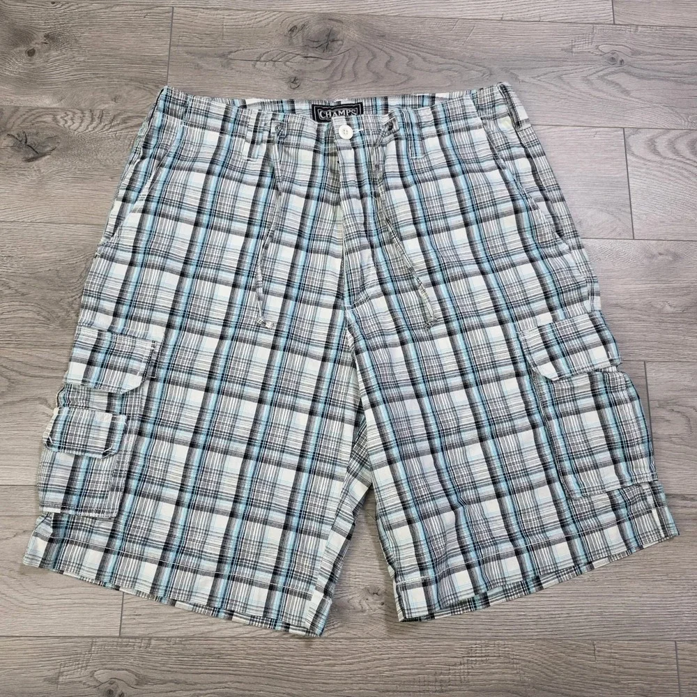 Champs Sports Men's 36 Plaid Cargo Shorts White Black Blue NWT‎